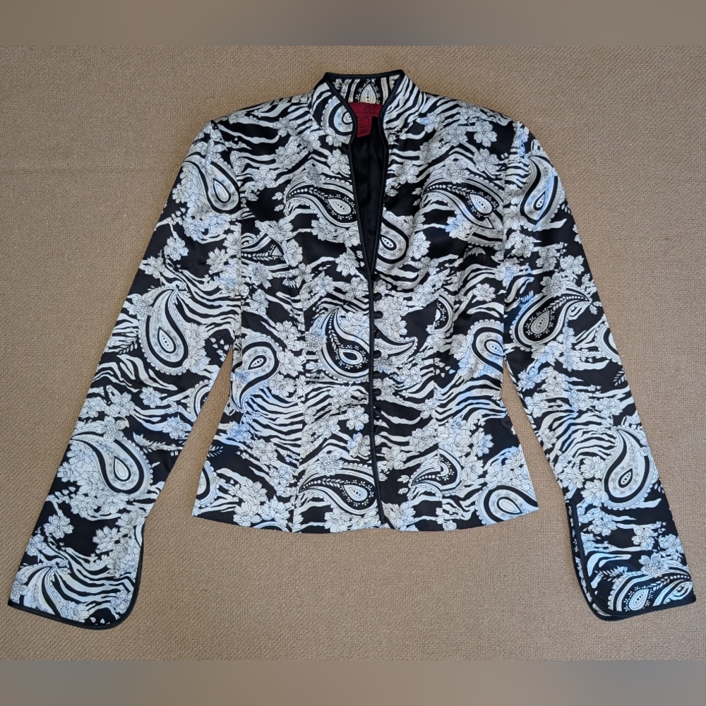JS Collections Black and White Silk Patterned Evening Blazer Jacket Button Up